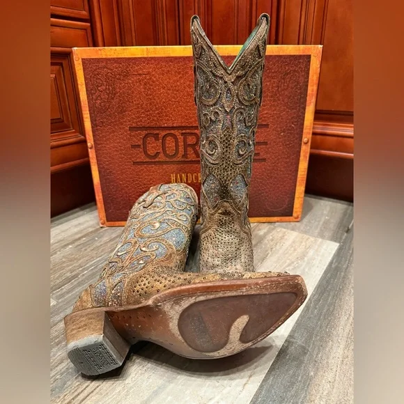 Corral Boots C3467 Cognac Purple Glitter Inlay Stud Cowboy Rodeo Cowgirl Boots 7